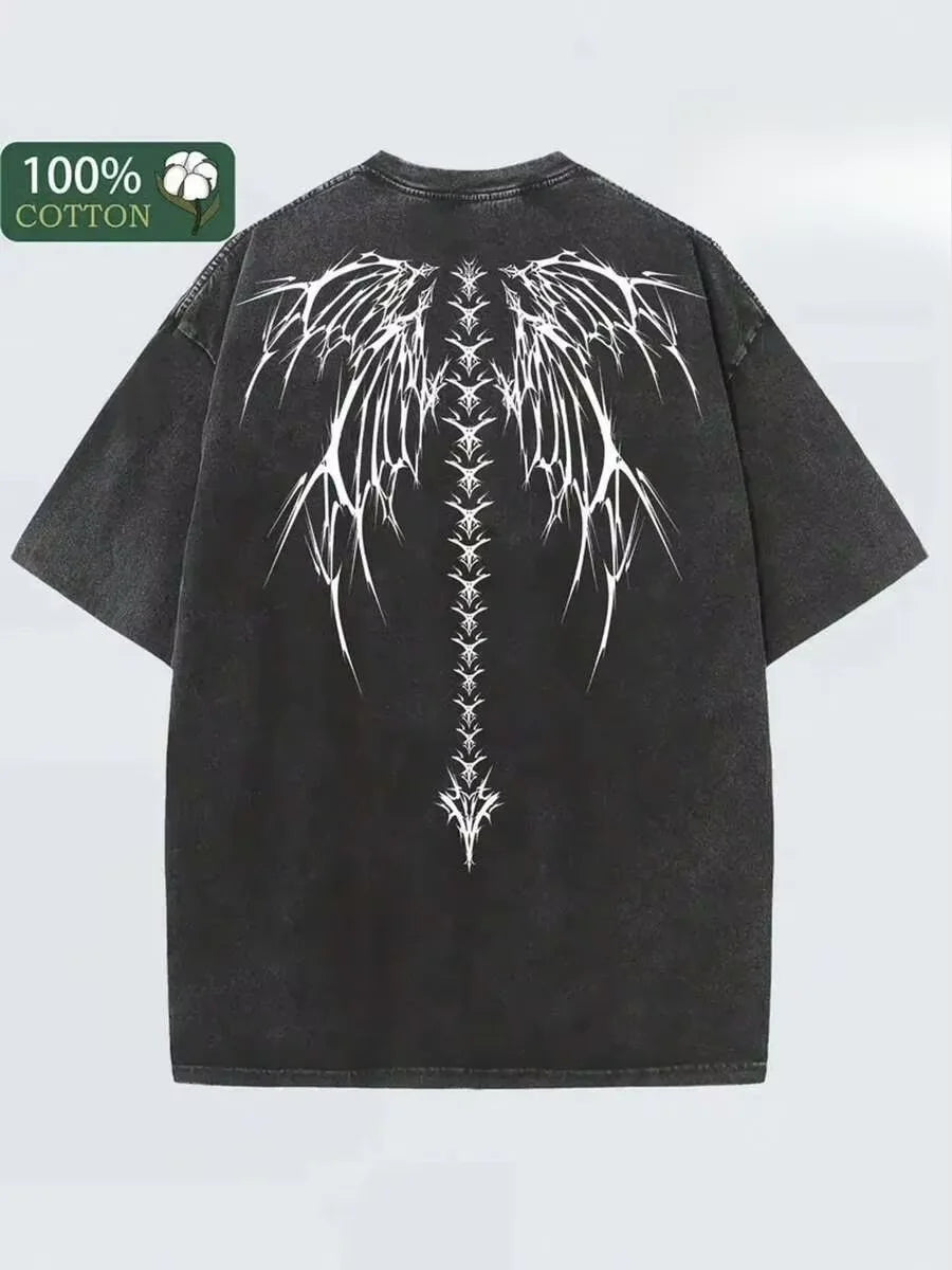 Black Vintage Washed Batik Cotton Oversized T-Shirt, White Gothic Wings Back Print Unisex Soft Loose Comfort Streetwear Graphic Tee - T-Shirts from Linloft.