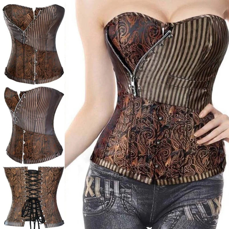 Miss Moly Brown Sexy Corsets and Bustiers Steampunk Corset Top Waist Tummyr Gothic Clothing Corselet Brocade Zip Patchwork S-2XL