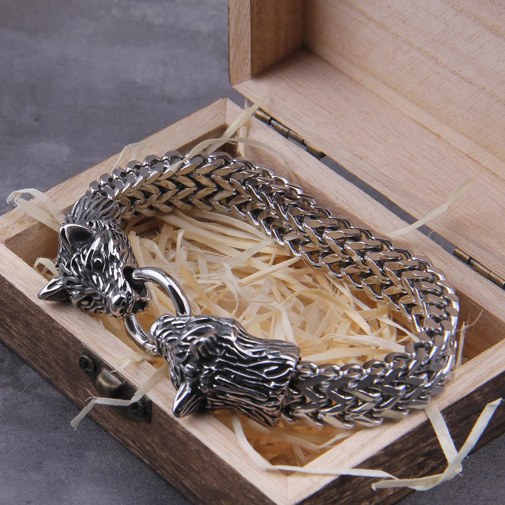 Never Fade Rock Viking Wolf Charm Bracelet Men's Stainless Steel Mesh Chain Gold Wolf Punk Jewelry without box - Bracelets from Linloft.