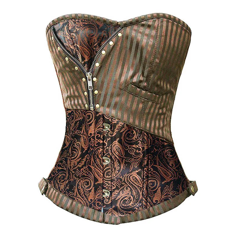 Miss Moly Brown Sexy Corsets and Bustiers Steampunk Corset Top Waist Tummyr Gothic Clothing Corselet Brocade Zip Patchwork S-2XL