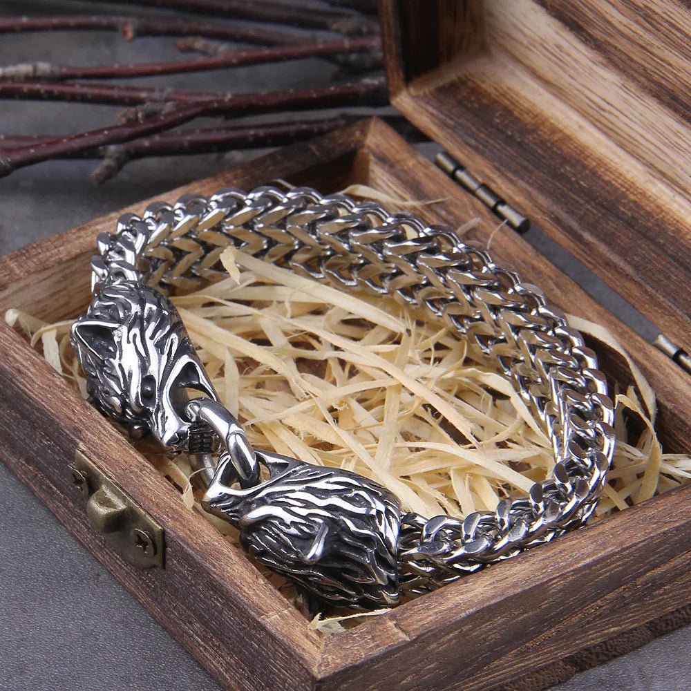 Never Fade Rock Viking Wolf Charm Bracelet Men's Stainless Steel Mesh Chain Gold Wolf Punk Jewelry without box - Bracelets from Linloft.