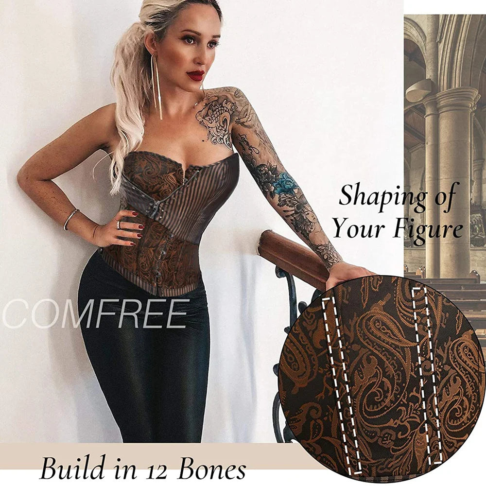Miss Moly Brown Sexy Corsets and Bustiers Steampunk Corset Top Waist Tummyr Gothic Clothing Corselet Brocade Zip Patchwork S-2XL