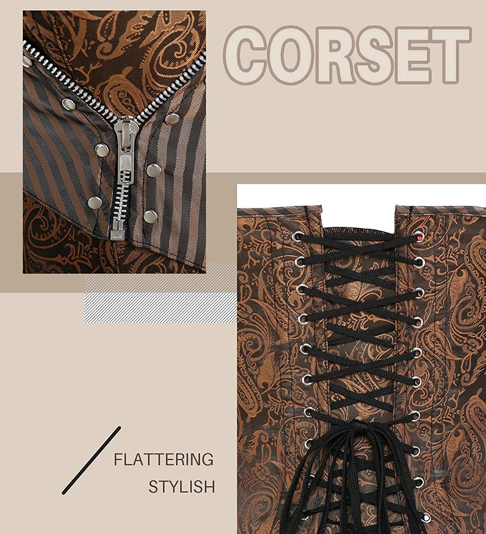 Miss Moly Brown Sexy Corsets and Bustiers Steampunk Corset Top Waist Tummyr Gothic Clothing Corselet Brocade Zip Patchwork S-2XL