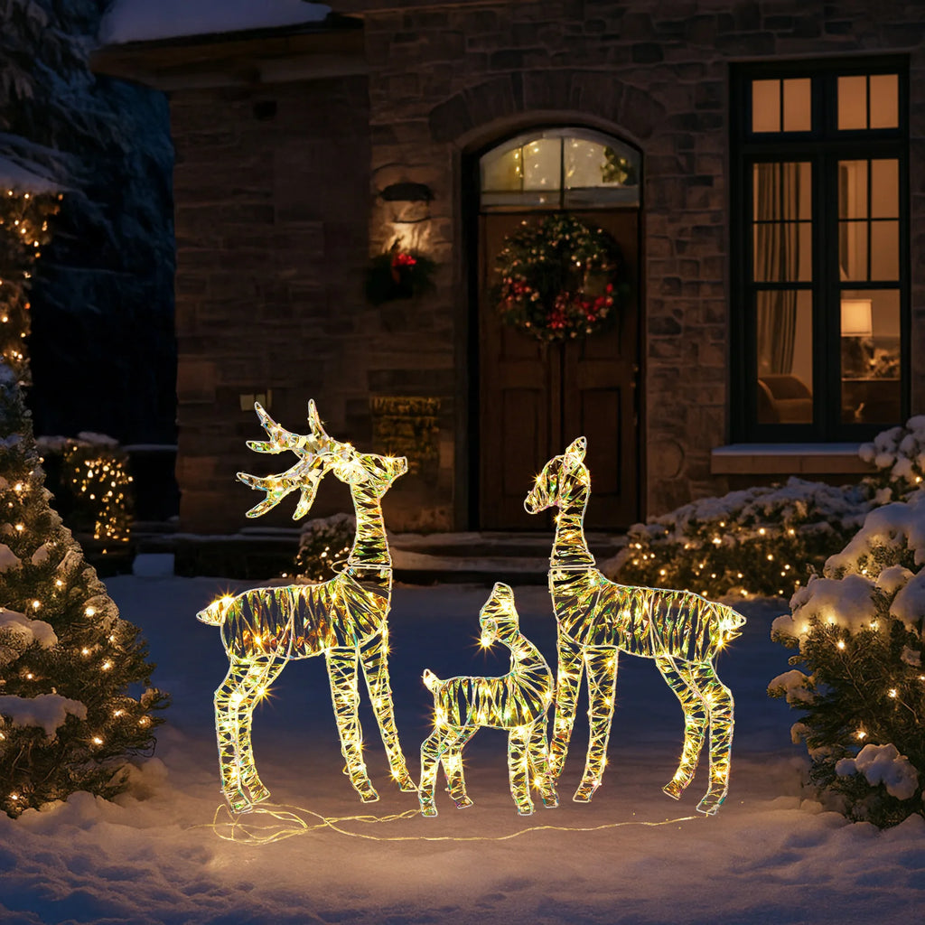 3-Piece Lighted Reindeer Family Christmas Decor – 110 Warm White LED, Iridescent Finish, Weatherproof Metal Frame, for Indoor/Outdoor Yard, Porch, Garden – Easy Assembly, Festive Holiday Display