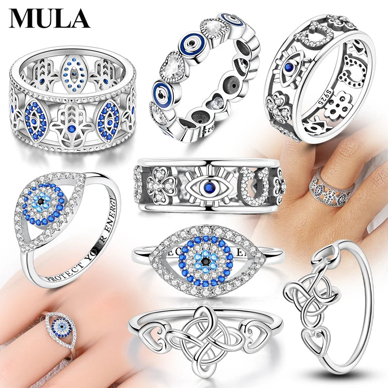 MULA Wedding Band Rings for Women Man 925 Sterling Silver Evil Eye Hand Celtic Knot Four-Leaf Clover Ring Stackable Jewelry Gift - Rings & Jewelry from Linloft.