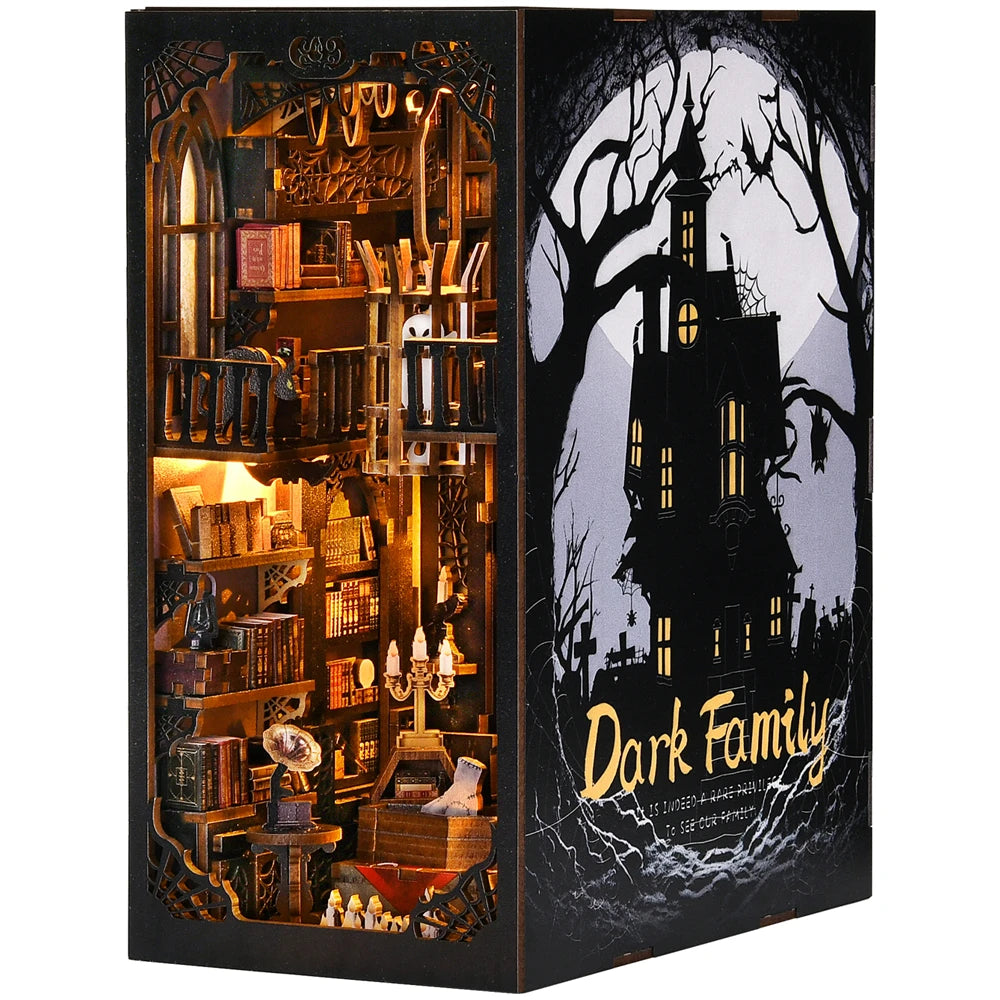 Book Nook Kit Dark Family DIY Wooden Puzzle Gothic Style Halloween Bookshelf Dollhouse Model Bookend Building Home Decoration