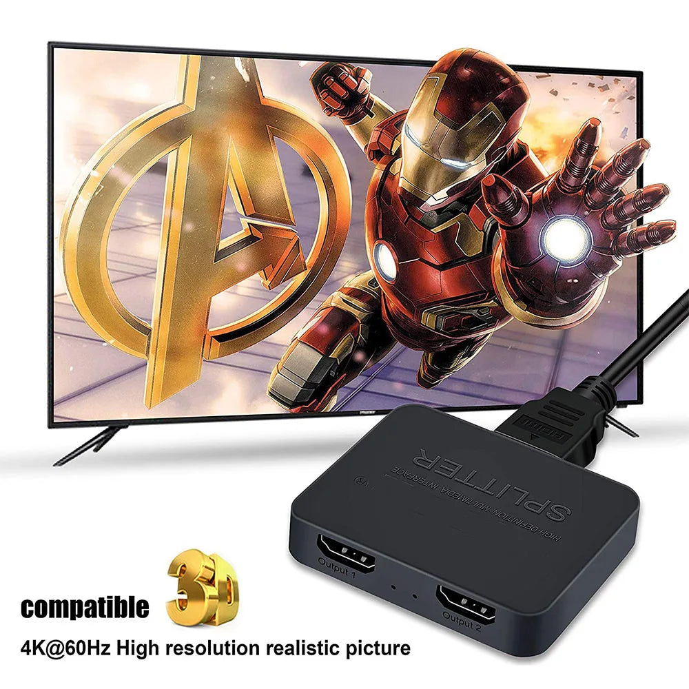 4K 1x2 HDMI-compatible Splitter Switch 1 in 2 Out Video Distributor Amplifier Dual Display Box for Laptop PC Monitor Projector