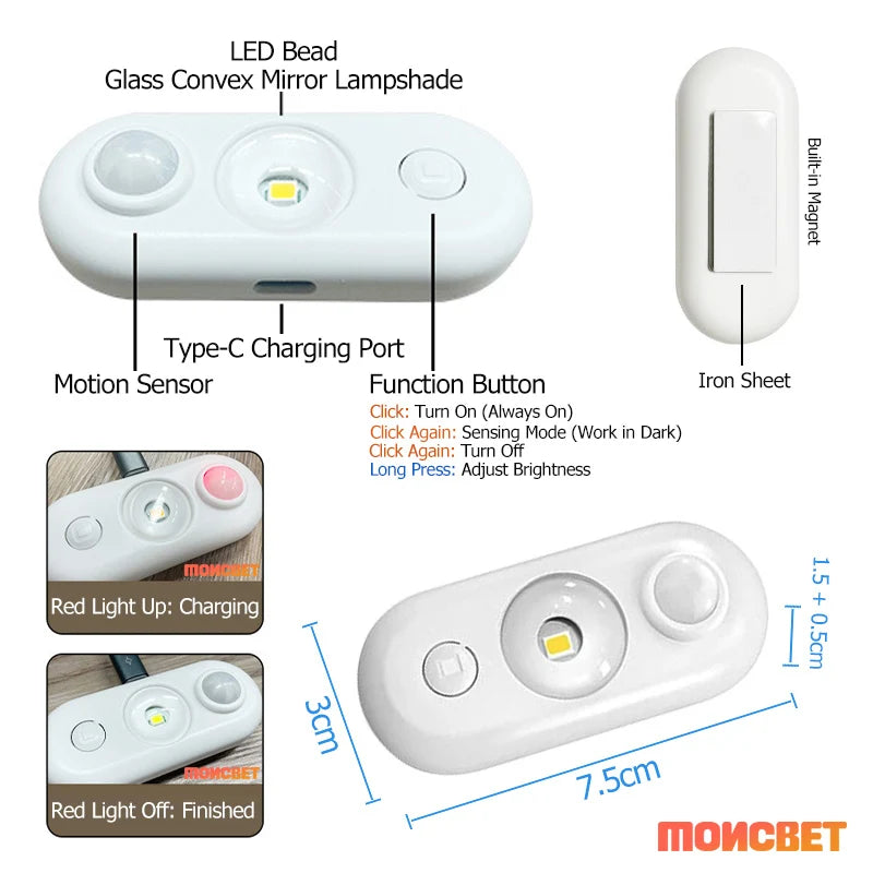 Motion Sensor Light Magnetic Downlight USB Rechargeable Human Body Inducttion Wireless LED Night Light for Cabinet Stairs