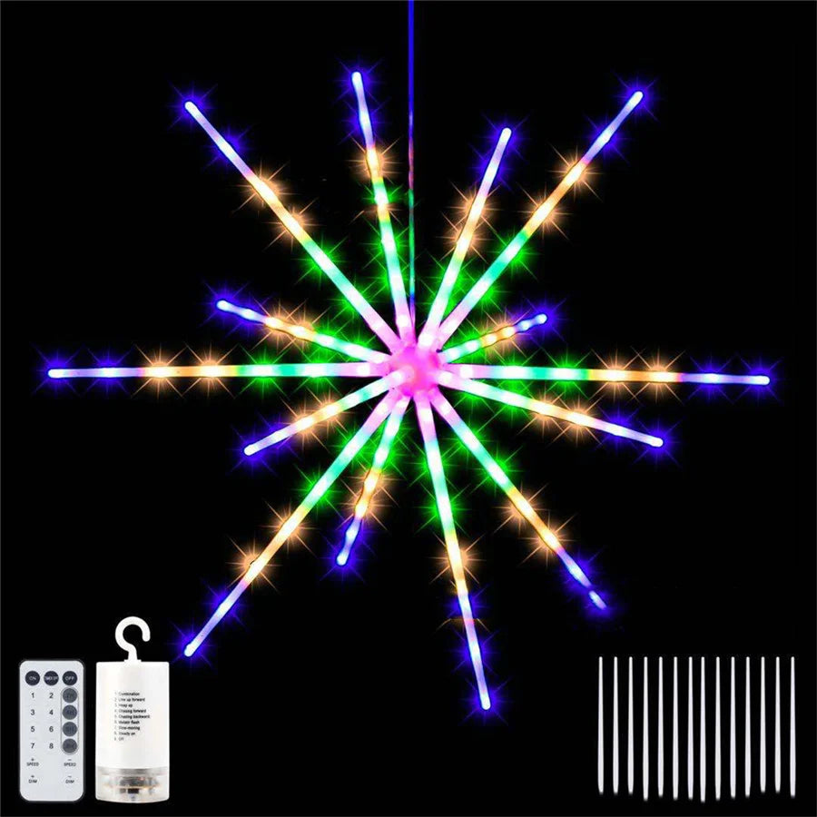 Outdoor hanging starburst and firework-style LED string lights