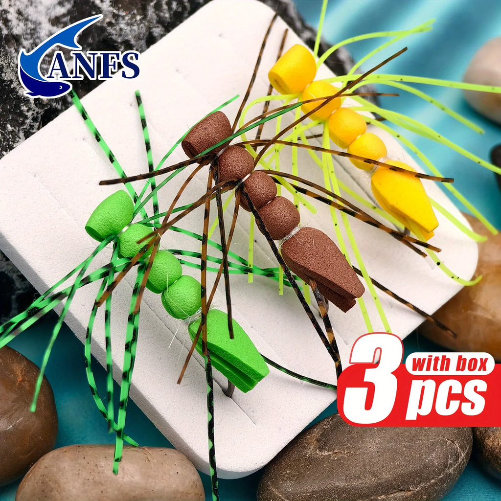 ANFS 3pcs Hand Tied Fly Fishing, Dry Fly Bait Realistic Grass Hopper Bait for Trout, Pike & Bass,Fly Fishing Hook