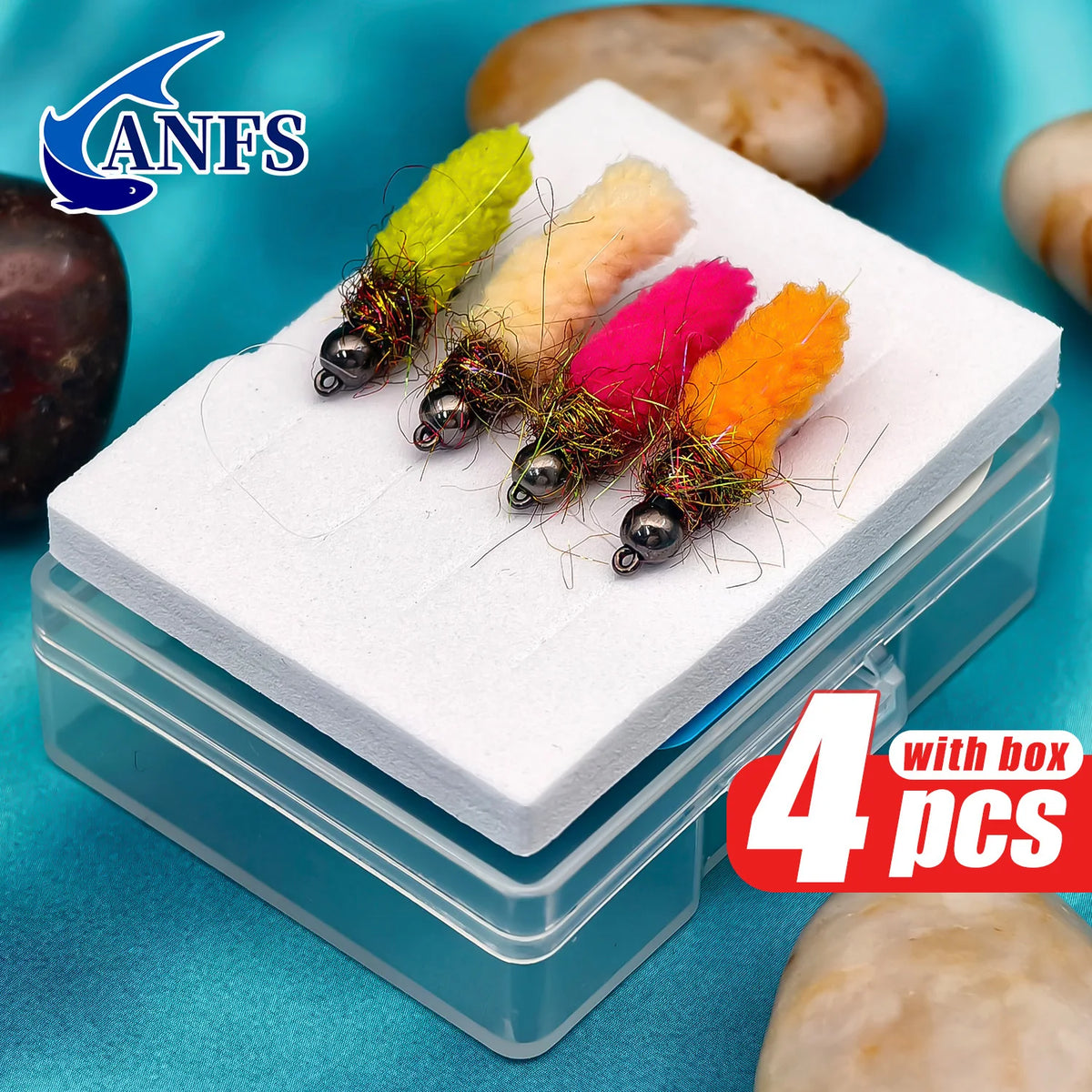 ANFS Copper Head Mop Jig Nymph Flies of 4 Pack with Storage Box, Hand Tied Fly for Trout Fishing