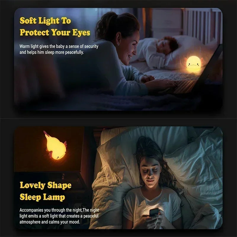Cute Axolotl Night Light Silicone Nursery Sleeping Lamp Touch Control Nightlights USB Rechargeable Table Lamp for Child - Home Lighting from Linloft.
