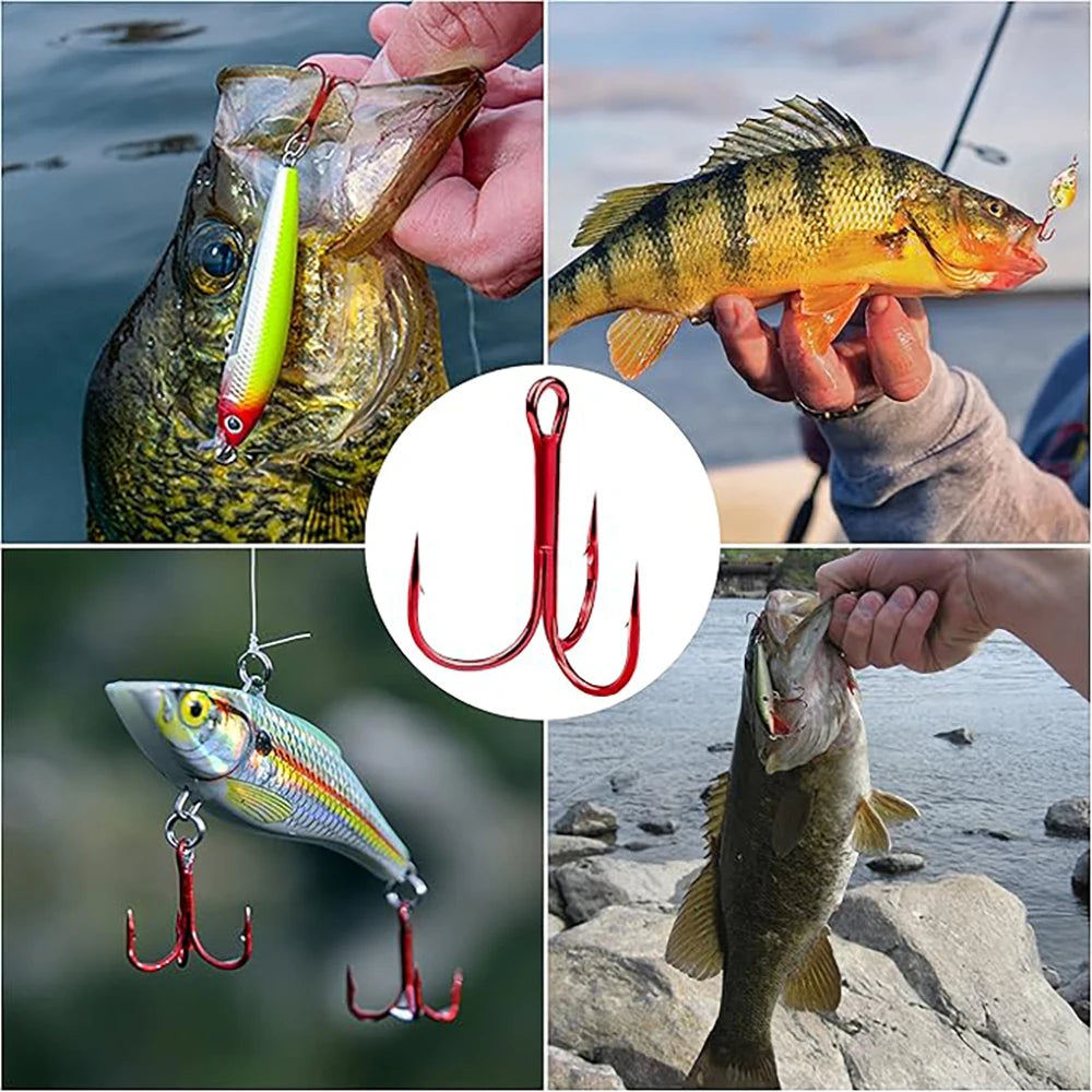 50pcs/box Triple Fishing Hooks Set Carbon Steel Barbed Treble Fishhooks for Lures Sea Fishing Accessories Tackle Tools