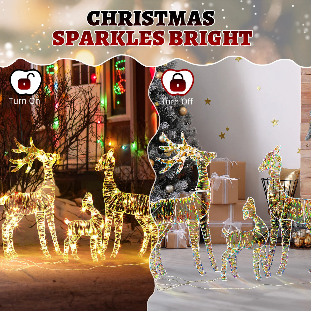 3-Piece Lighted Reindeer Family Christmas Decor – 110 Warm White LED, Iridescent Finish, Weatherproof Metal Frame, for Indoor/Outdoor Yard, Porch, Garden – Easy Assembly, Festive Holiday Display