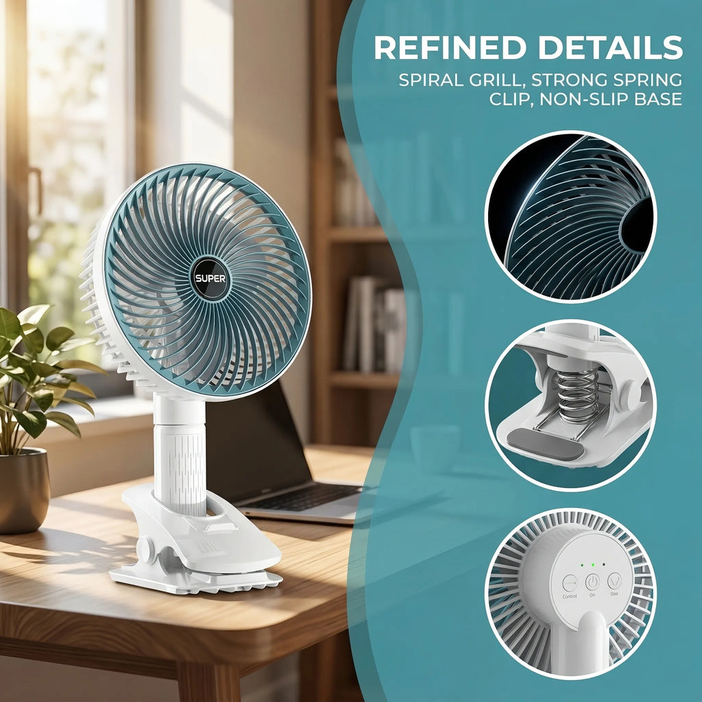 Oscillating Table Fan with Sturdy Clamp and 360-Degree Tilt Head, Rechargeable Small Fan for Desk, Powerful Airflow, Portable Air Circulator Mini Fans