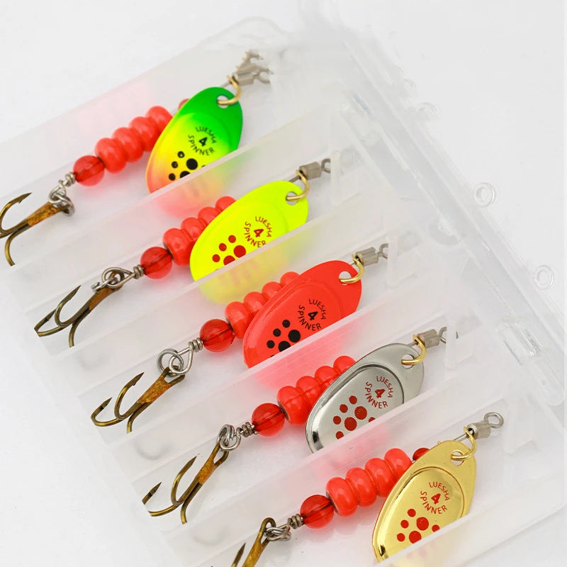 Rotating Metal Spoon Lures with Box, 5 Pcs - Fishing Hooks from Linloft.