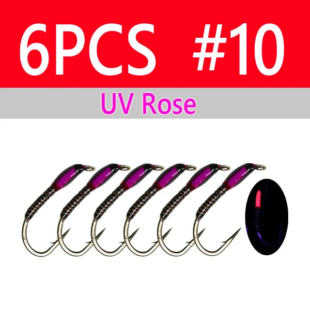 Wifreo 6PCS UV Glow Epoxy Buzzer Midge Nymph Fly Fluorescent Peacock Quill Nymph Trout Perch Grayling Fishing Lures Bait #10~#16 - Fishing Tackle from Linloft.