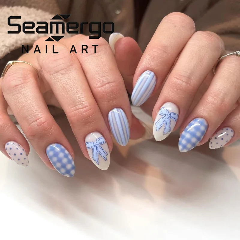 Light Blue Bow Short Almond Press-On Nails - Beauty & Personal Care from Linloft.