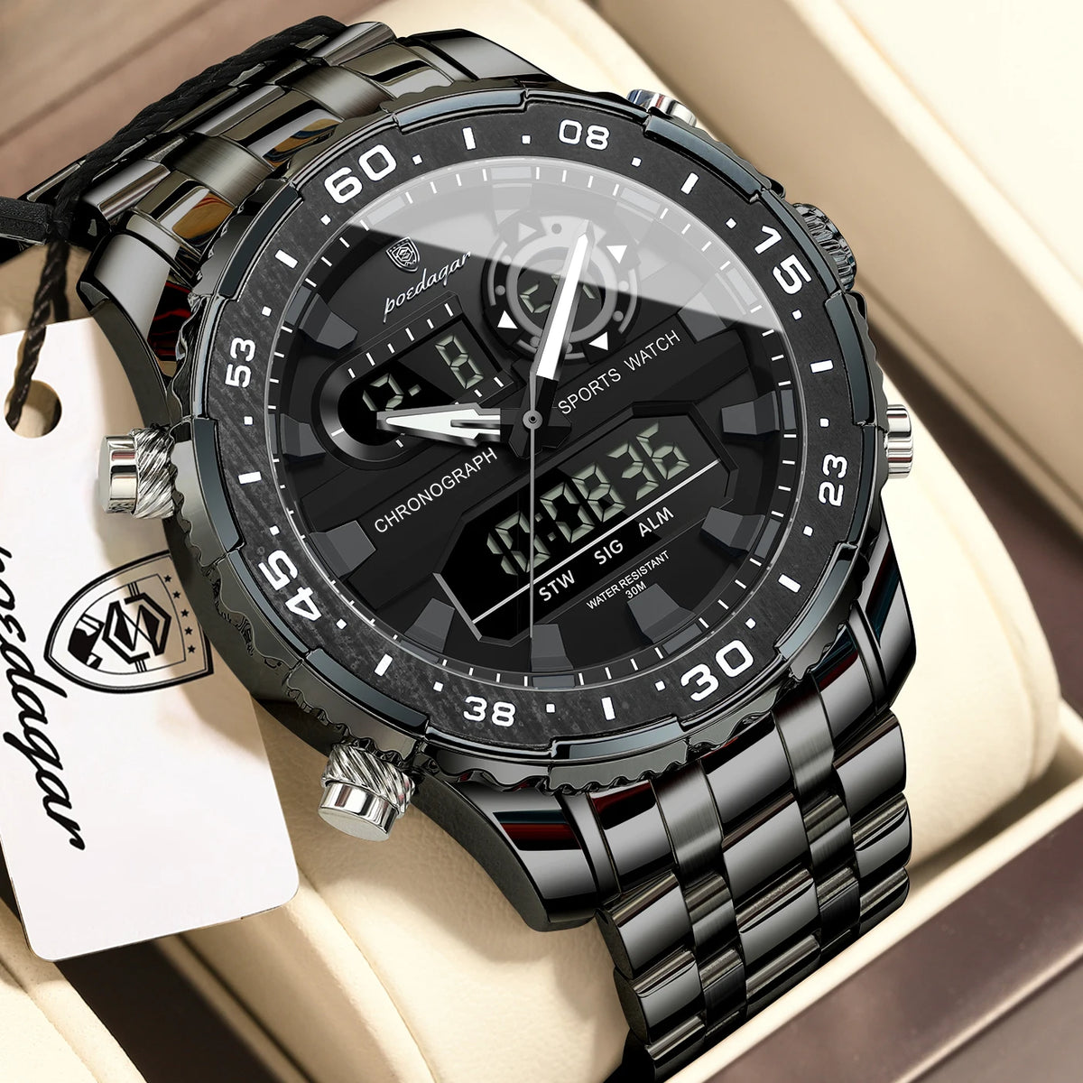 POEDAGAR Functional Electronic Man Wristwatch Week Date LED Luminous Oversized Fashion Quartz Men Watch Dual Time Digital Military Men's Watches Reloj - Apparel & Accessories from Linloft.