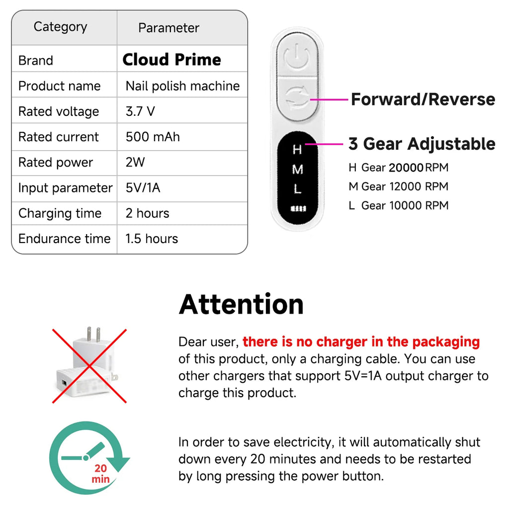 Cloud Prime Nail Drill, Adjustable 20000 RPM Portable Cordless Professional Electric Nail Polish Machine With Nail Clippers, Bits Kit, Manicure Pedicure Polishing Shape Tools For Manicure Salon Christmas And New Year Gifts