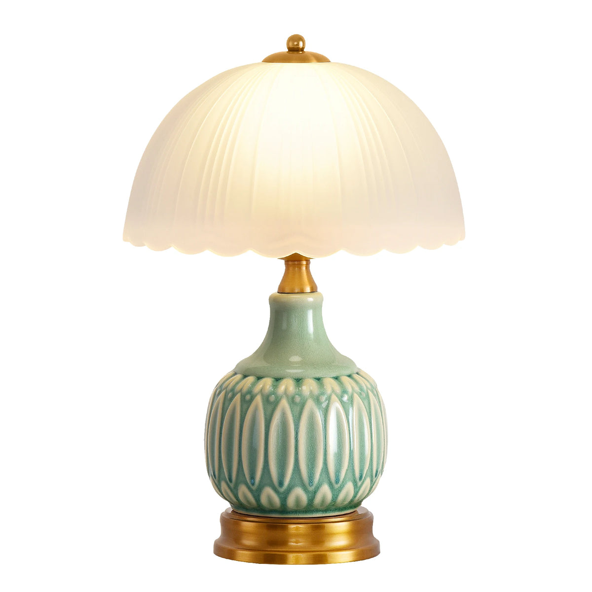 Retro Ceramic Bedside Lamp with Pleated Glass Shade, Green Glaze