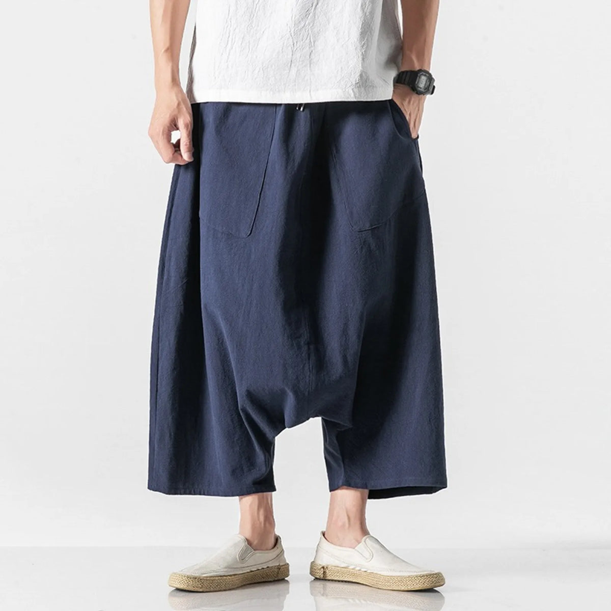 Mens Overalls Cotton Shorts Pants Wide Leg Knee Length Men Pants Casual Stretch Garment Parachute Pants Harajuku Streetwear Y2k