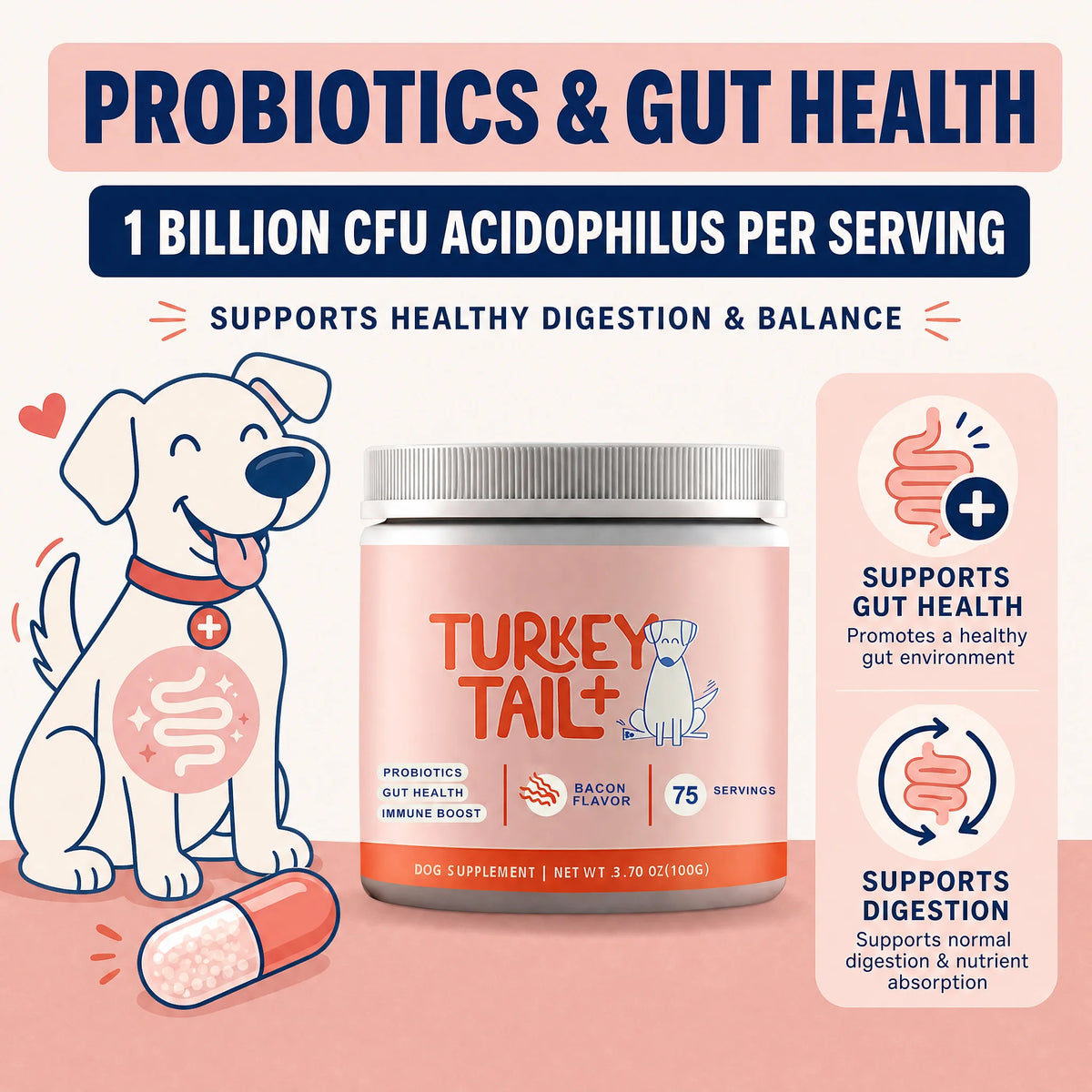Dog Probiotic Soft Granules with Turkey Tail Mushroom&Vitamin Bacon Flavor Digestive Supplement Gut Health Daily Pet Nutrition - Pet Supplies from Linloft.