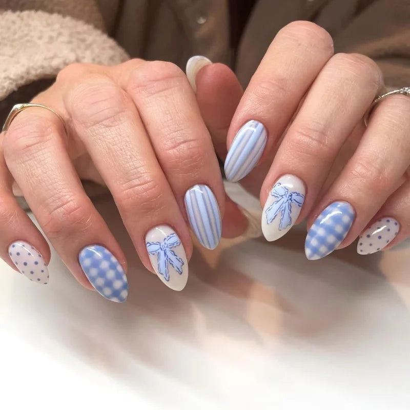 Light Blue Bow Short Almond Press-On Nails - Beauty & Personal Care from Linloft.