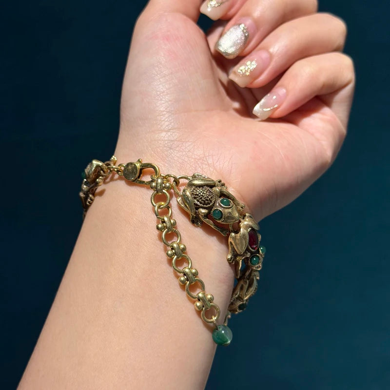 Lucky Toad Bracelets For Women Green Red Agate Antique Gold Color Charm 2025 Accessories Mothers Day Gift New