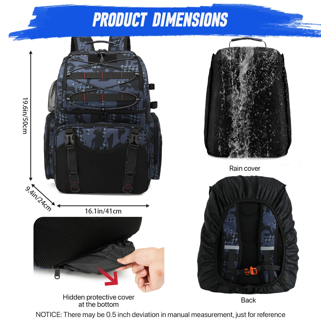 Fishing Backpack 45L Cooler Fishing Tackle Storage Bag with Rod Holders & Rain Cover Camping Hiking Outdoor Multifunctional Bag