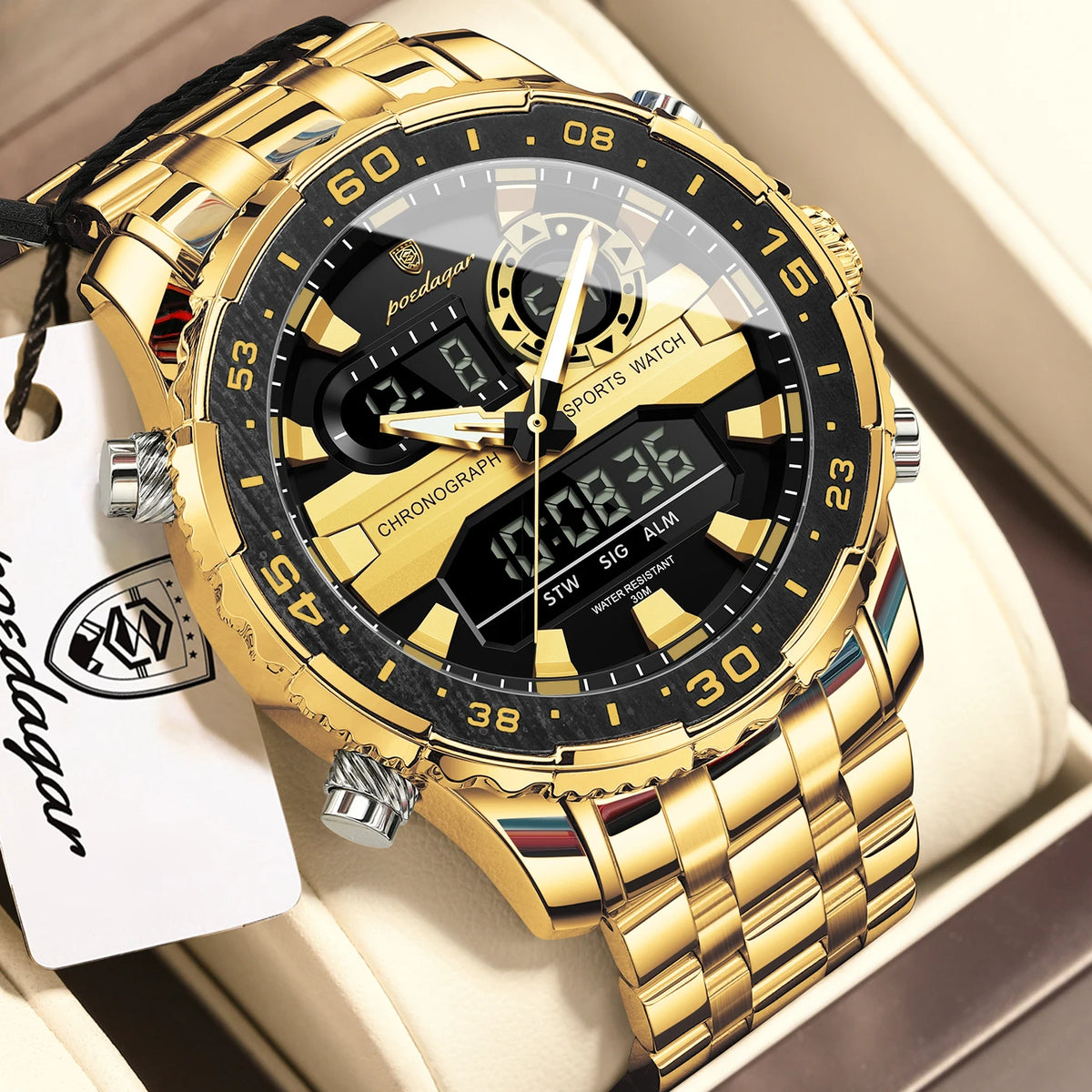 POEDAGAR Functional Electronic Man Wristwatch Week Date LED Luminous Oversized Fashion Quartz Men Watch Dual Time Digital Military Men's Watches Reloj - Apparel & Accessories from Linloft.