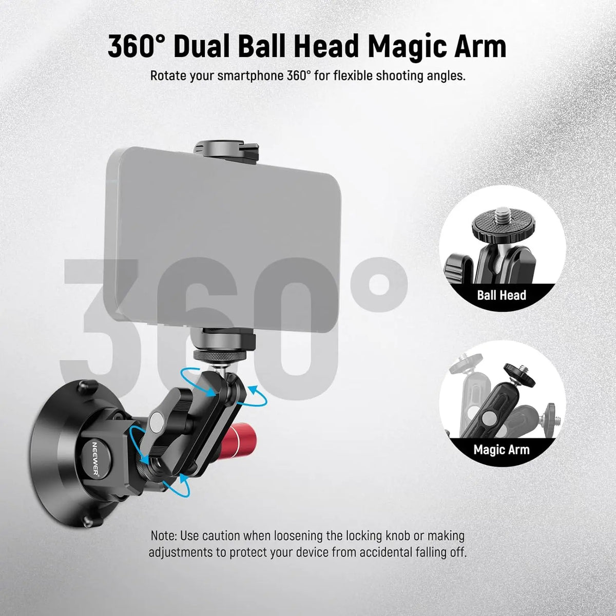 NEEWER 3" Suction Cup Camera Mount Bracket with Ball Head Magic Arm Quick Release Car Mount For iPhone DJI Insta360 CA104