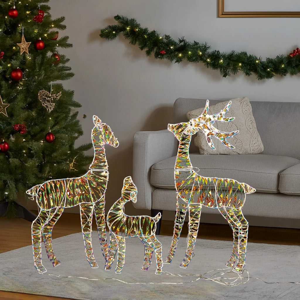 3-Piece Lighted Reindeer Family Christmas Decor – 110 Warm White LED, Iridescent Finish, Weatherproof Metal Frame, for Indoor/Outdoor Yard, Porch, Garden – Easy Assembly, Festive Holiday Display