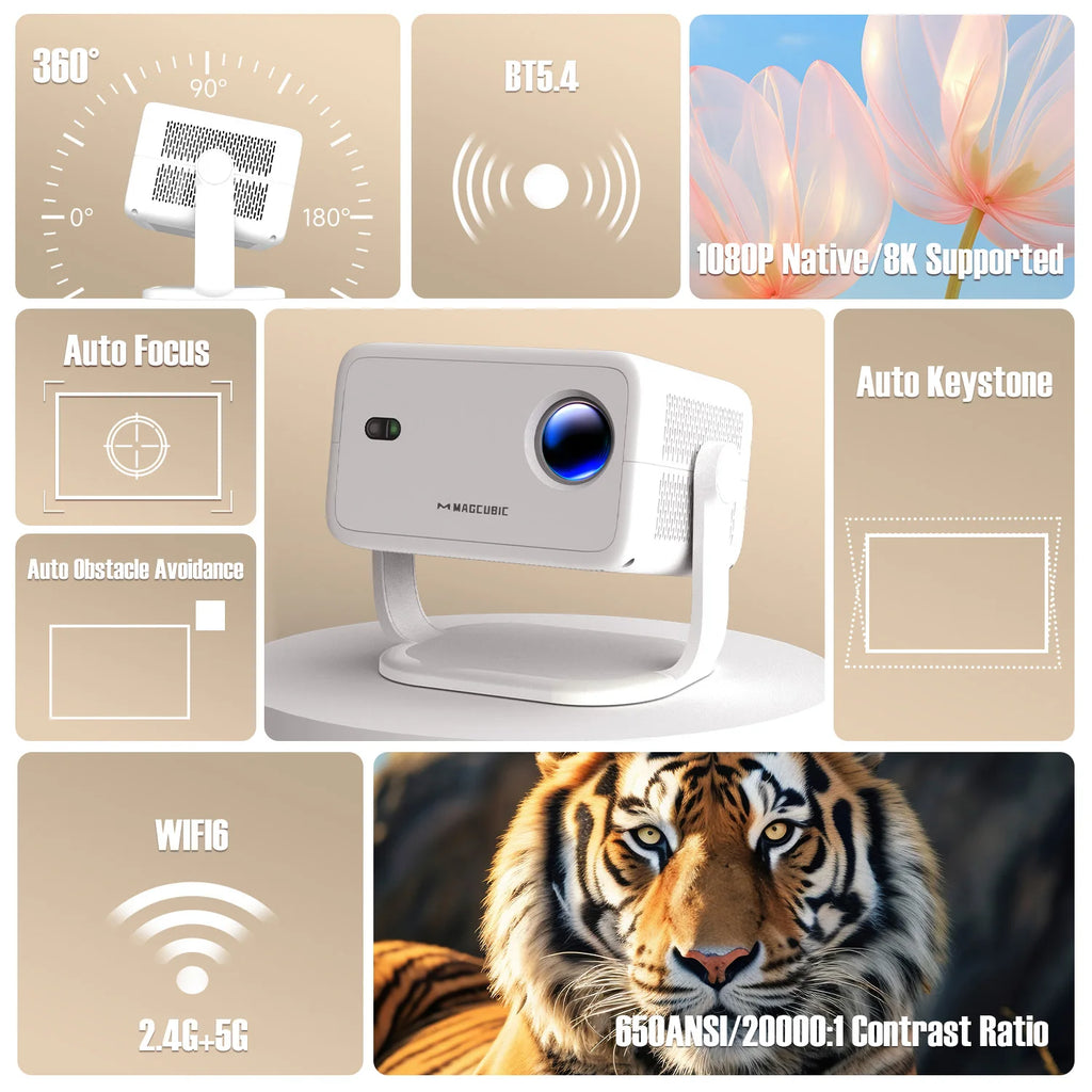 Magcubic L018 650ANSI 1080P Native Projector, 360° Rotation, Auto Focus & 6D Keystone, Android 14 WiFi6 BT5.4 8K Decoding Portable