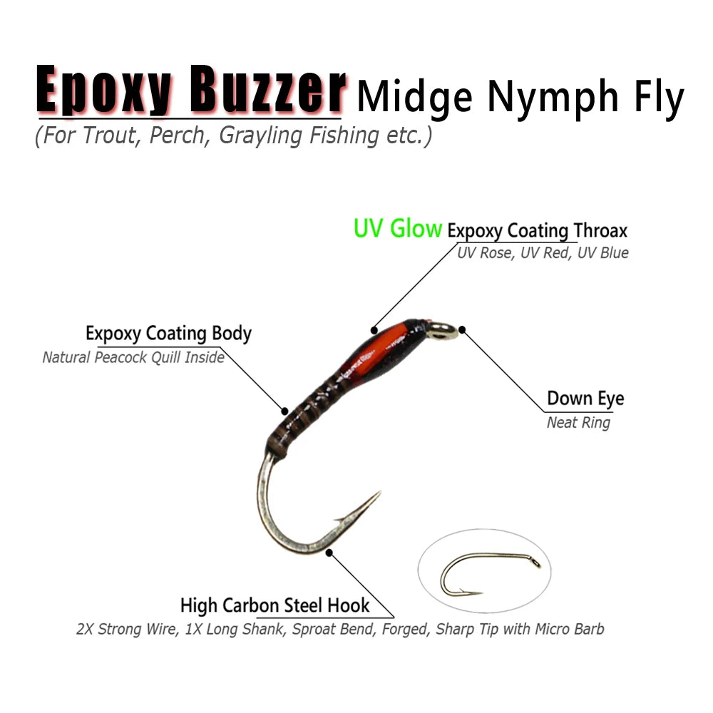 Wifreo 6PCS UV Glow Epoxy Buzzer Midge Nymph Fly Fluorescent Peacock Quill Nymph Trout Perch Grayling Fishing Lures Bait #10~#16 - Fishing Tackle from Linloft.