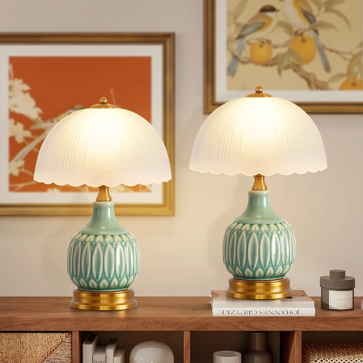 Retro Ceramic Bedside Lamp with Pleated Glass Shade, Green Glaze