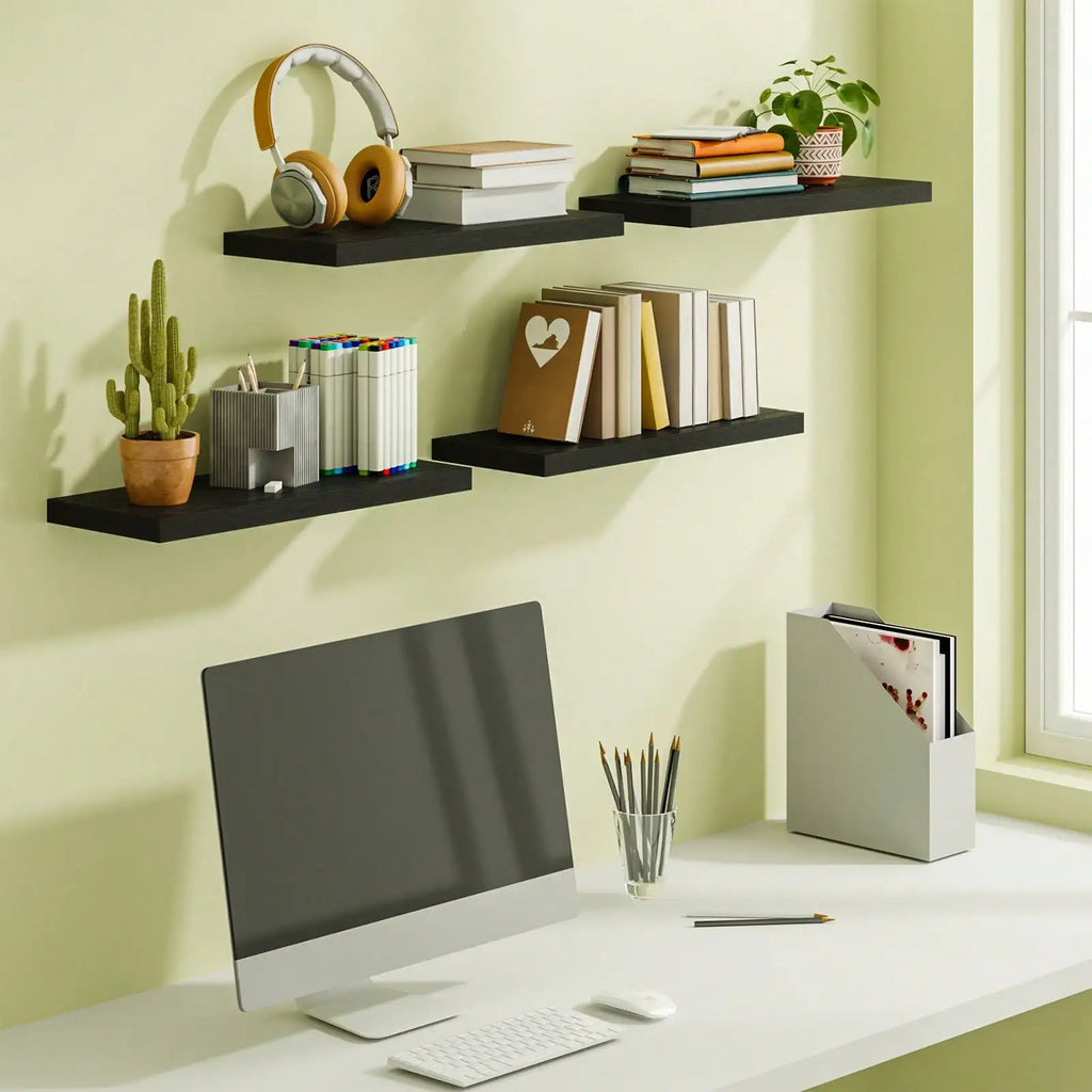 4 Pack Floating Shelves Modern Black Wood Wall Shelves Storage Shelving Unit With Invisible Metal Brackets Display Rack For Bathroom Living Room Bedroom Kitchen Housewarming Gift