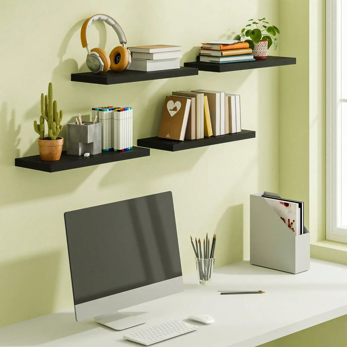4 Pack Floating Shelves Modern Black Wood Wall Shelves Storage Shelving Unit With Invisible Metal Brackets Display Rack For Bathroom Living Room Bedroom Kitchen Housewarming Gift