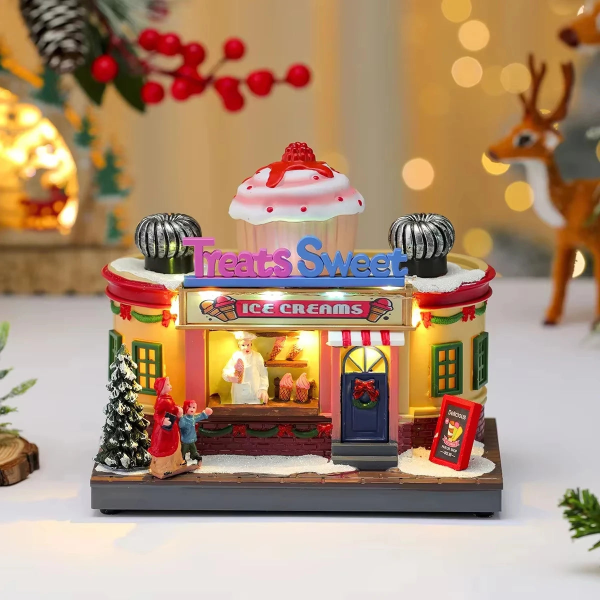 Christmas Lighted Music Box Resin Santa Ornament Gift Box Xmas Decorative Gift for Home Kitchen Cafe Window Holiday Party - Seasonal & Holiday from Linloft.