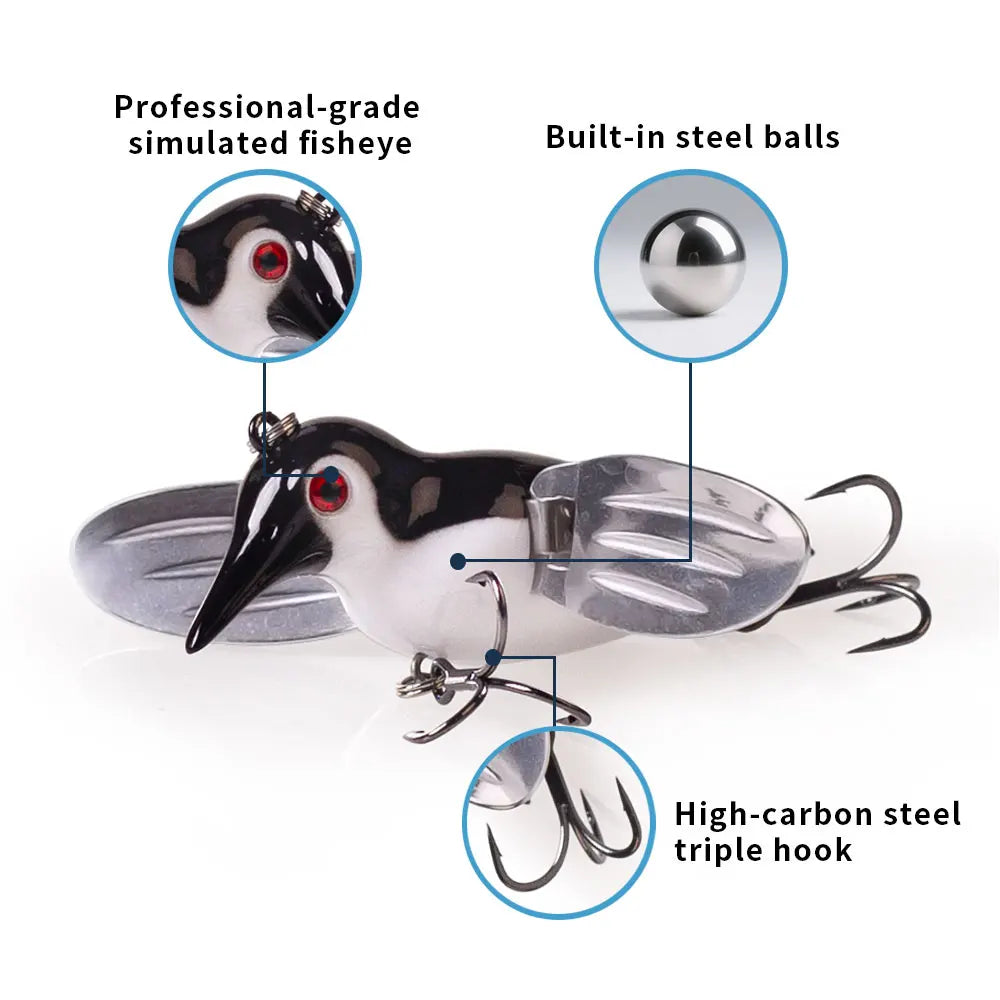 Hanlin 8cm/12g Simulation Penguin Topwater Popper Bait Floating Birds Fishing Lure Metal Wings Wobbler Swimbait Pike Bass Tackle