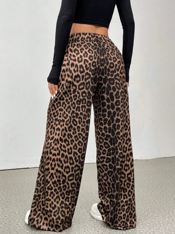 Women Leopard Print Wide Leg Pants Elastic High Waist Loose Casual Trousers Streetwear Y2K Fashion Long Palazzo Pants - Apparel & Accessories from Linloft.