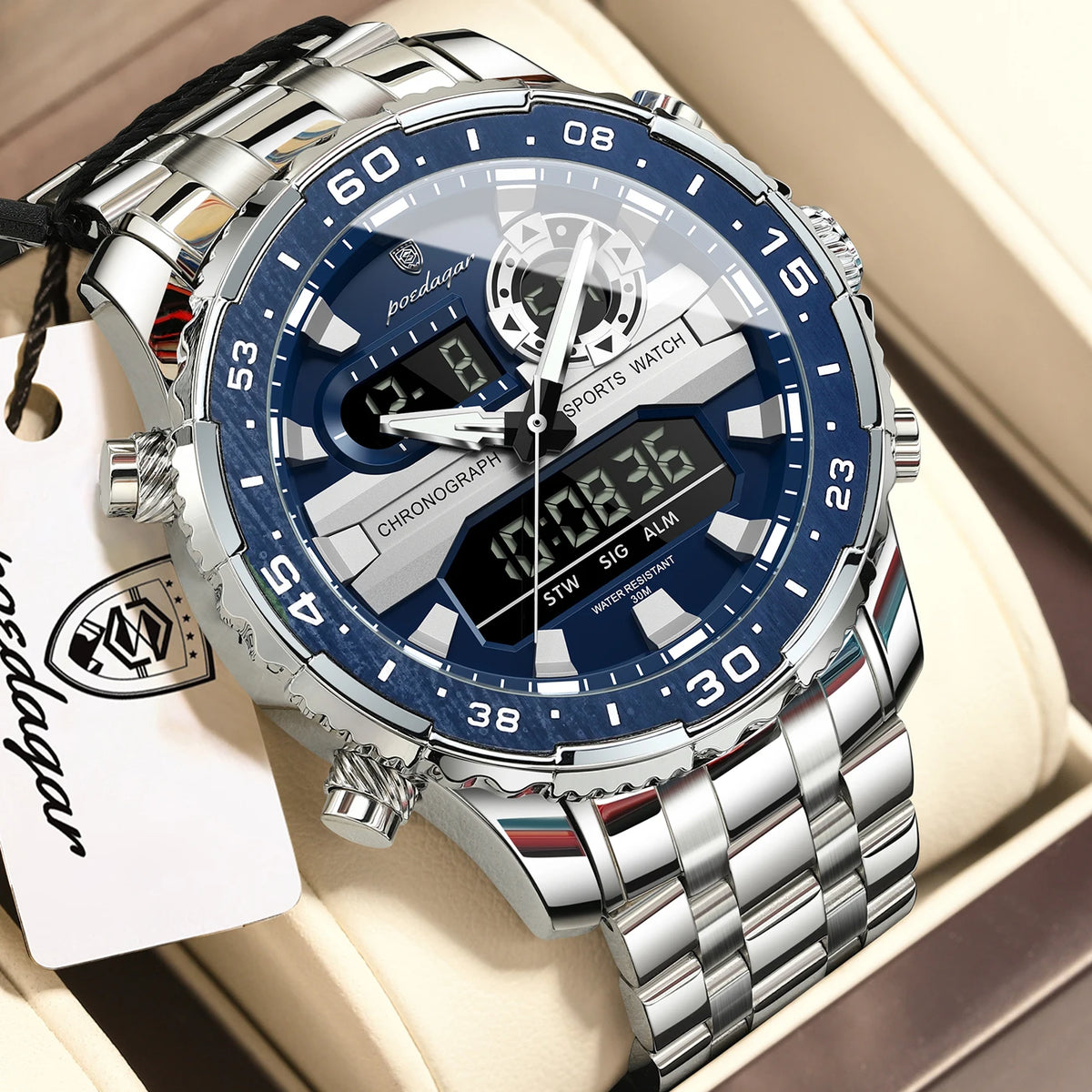 POEDAGAR Functional Electronic Man Wristwatch Week Date LED Luminous Oversized Fashion Quartz Men Watch Dual Time Digital Military Men's Watches Reloj - Apparel & Accessories from Linloft.