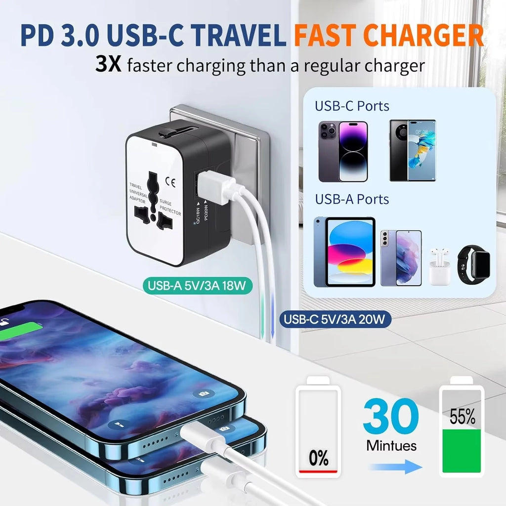 All-in-One Universal Travel Adapter USB A Type C Port Power EU UK US AU Power Charger Adapter Multifunctional Converter Socket