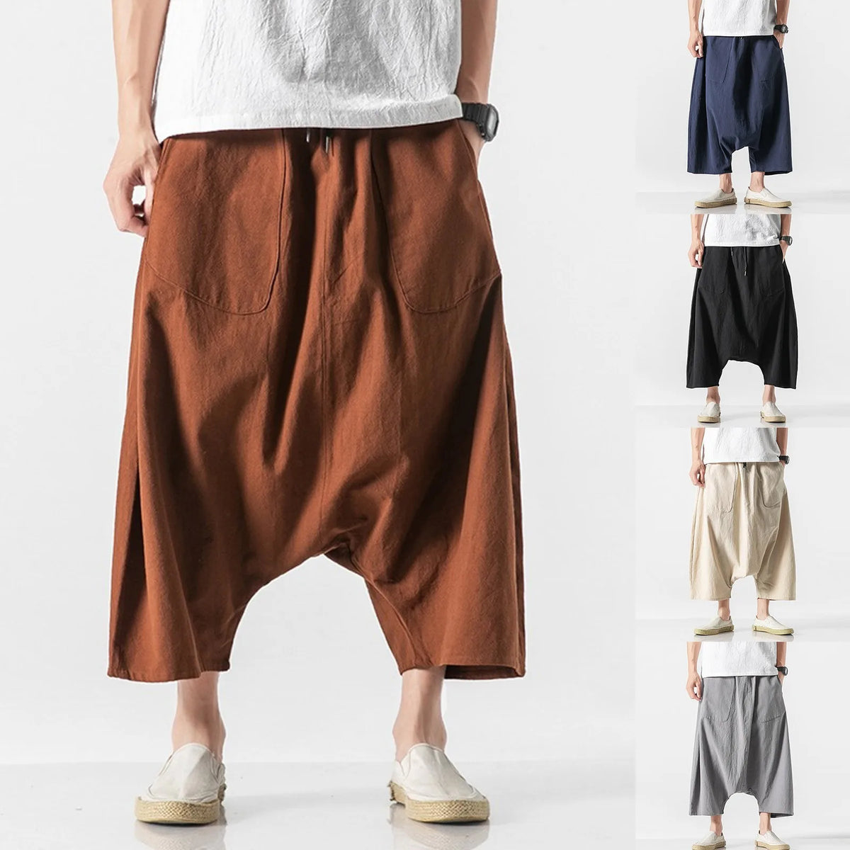 Mens Overalls Cotton Shorts Pants Wide Leg Knee Length Men Pants Casual Stretch Garment Parachute Pants Harajuku Streetwear Y2k