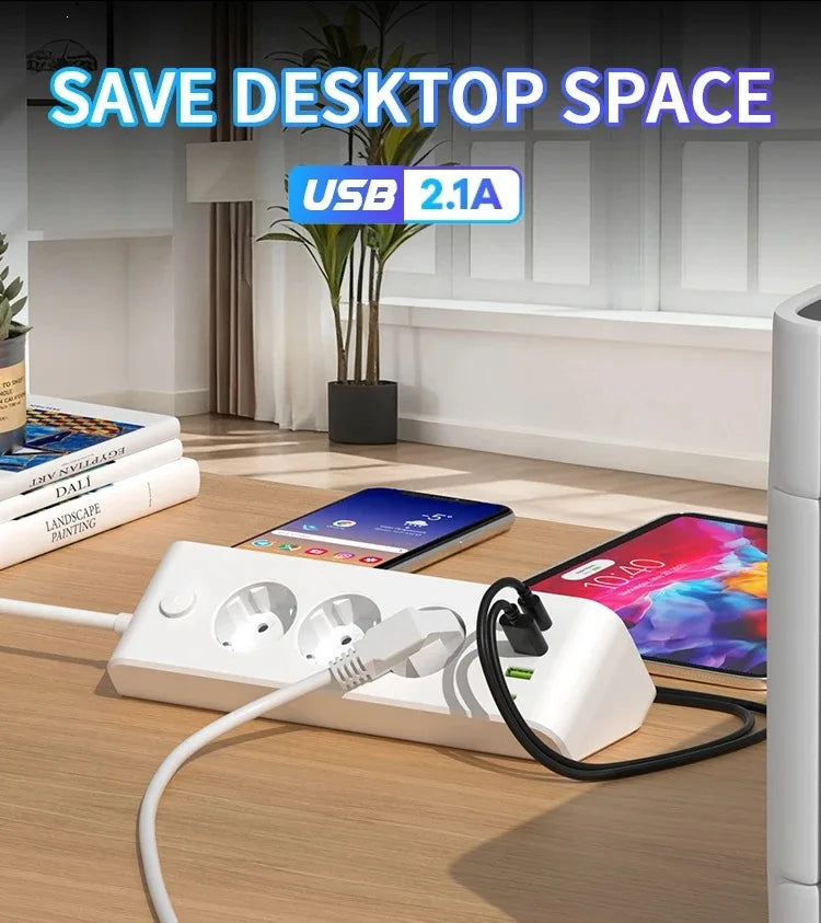 EU Angle Extension Power Strip With Night Light Clock 2 USB 2 Type‑C Ports for Desktop Home Indoor Application - Electronics & Accessories from Linloft.