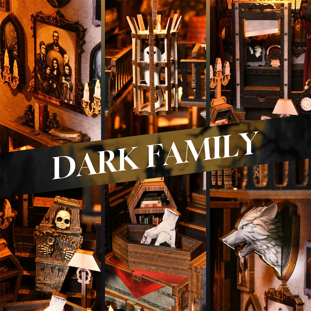Book Nook Kit Dark Family DIY Wooden Puzzle Gothic Style Halloween Bookshelf Dollhouse Model Bookend Building Home Decoration