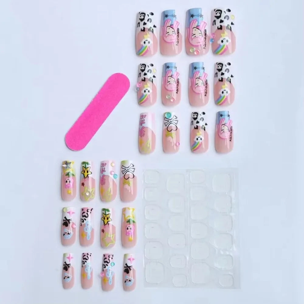 24Pcs Y2K Japanese Cartoon Girl Rainbow Long Press On Nails, Cute Reusable Wearable Nails For Daily