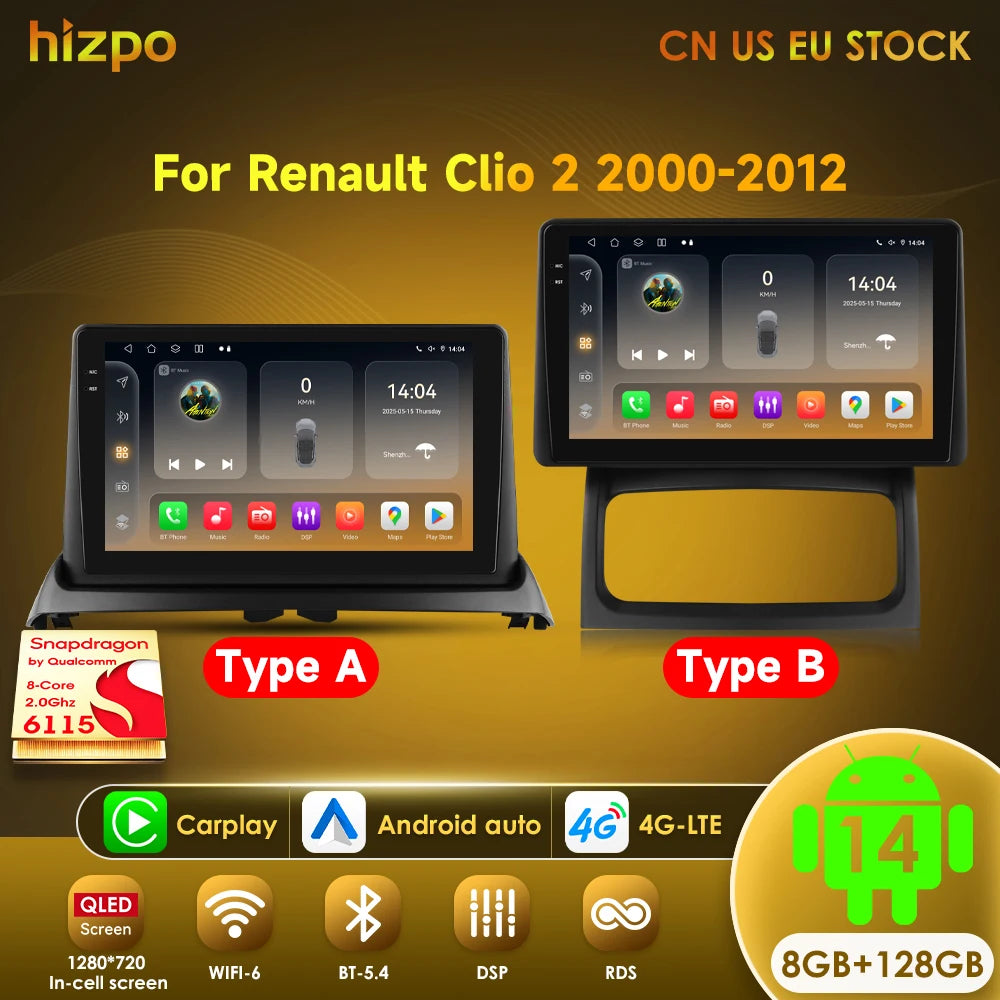 Hizpo 6115 Wireless CarPlay Autoradio for Renault Clio 2 2000-2012 Car GPS Radio Multimedia 2 Din Android 4G AI Voice 360 Camera