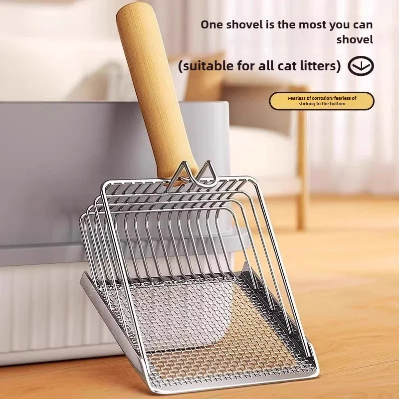 Cat Litter Shovel Wood Handle Metal Scooper with Hook Portable Stainless Steel Sifting Kitten Toilet Cleaning Tool Pet Products - Pet Supplies from Linloft.