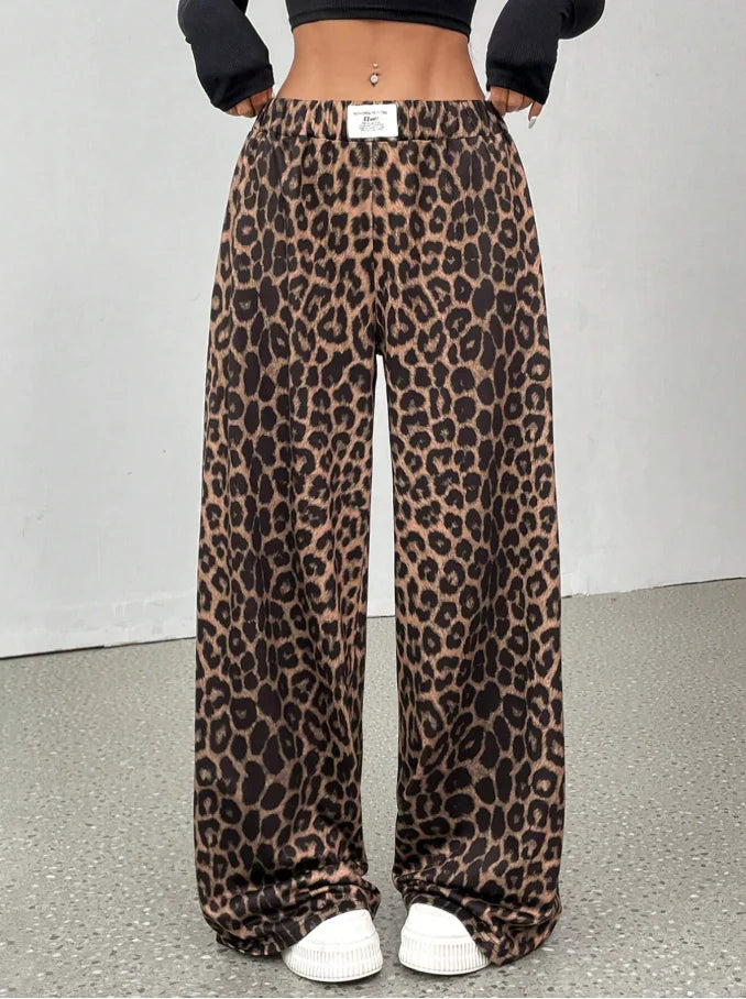 Women Leopard Print Wide Leg Pants Elastic High Waist Loose Casual Trousers Streetwear Y2K Fashion Long Palazzo Pants - Apparel & Accessories from Linloft.